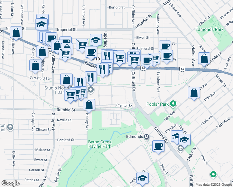 map of restaurants, bars, coffee shops, grocery stores, and more near 6878 Village Green in Burnaby