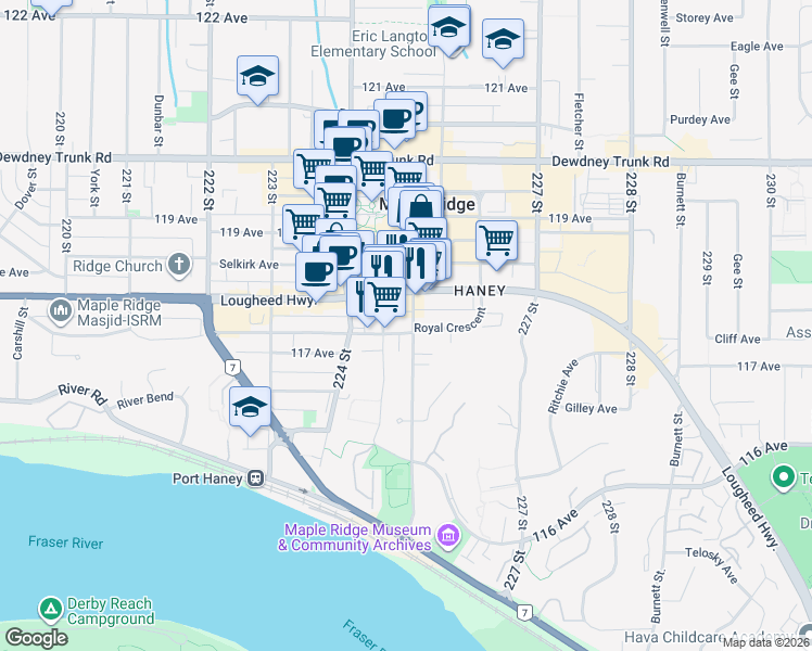 map of restaurants, bars, coffee shops, grocery stores, and more near 22471 Lougheed Highway in Maple Ridge