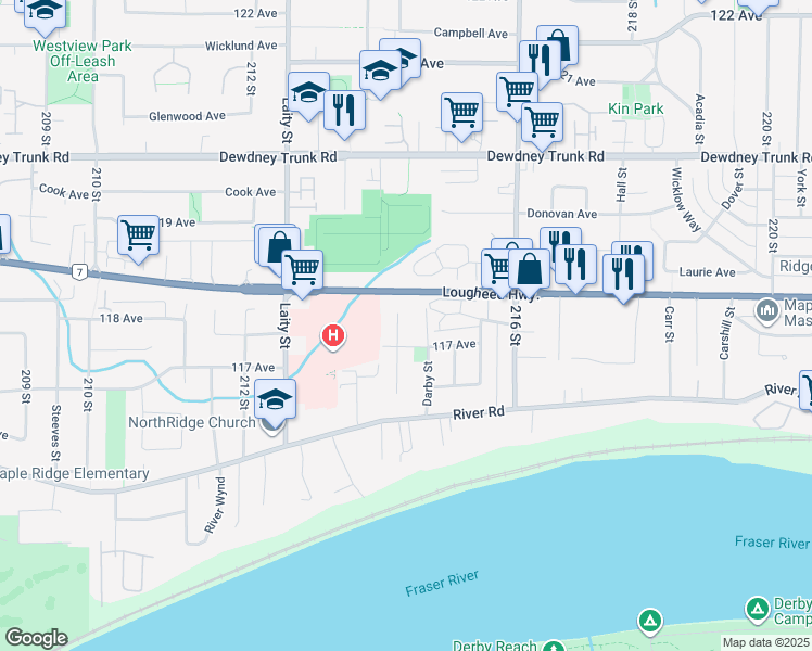 map of restaurants, bars, coffee shops, grocery stores, and more near 11746 Morris Street in Maple Ridge