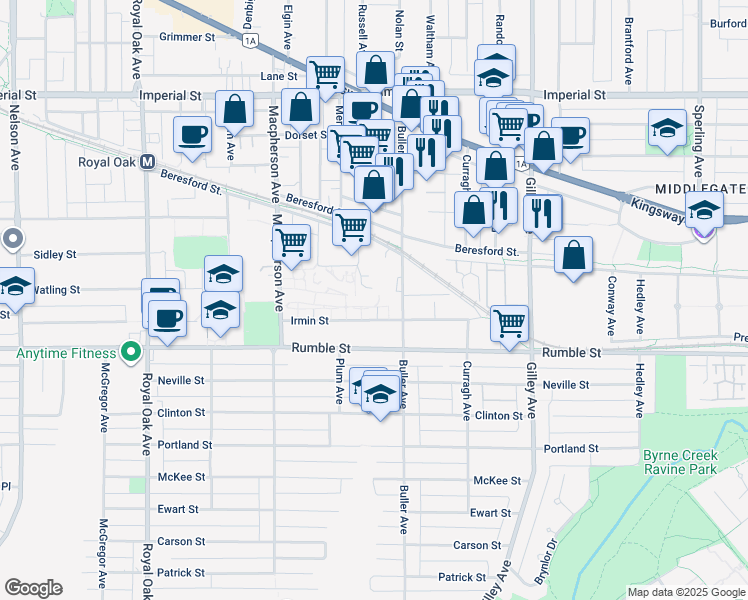 map of restaurants, bars, coffee shops, grocery stores, and more near 5885 Irmin Street in Burnaby