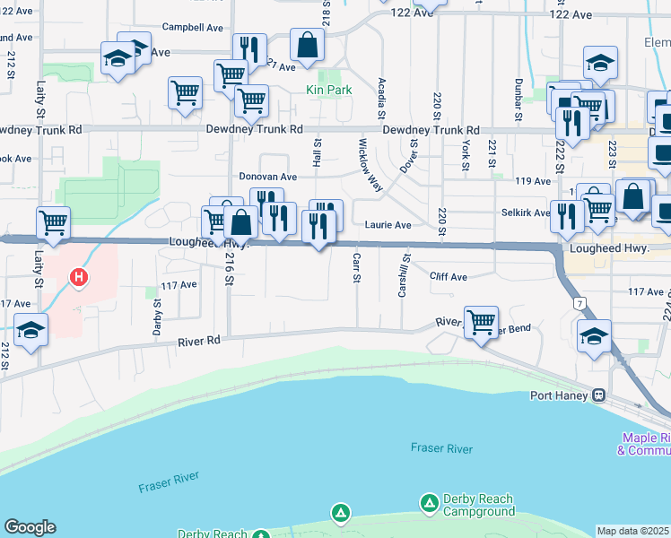 map of restaurants, bars, coffee shops, grocery stores, and more near 11750 218 Street in Maple Ridge