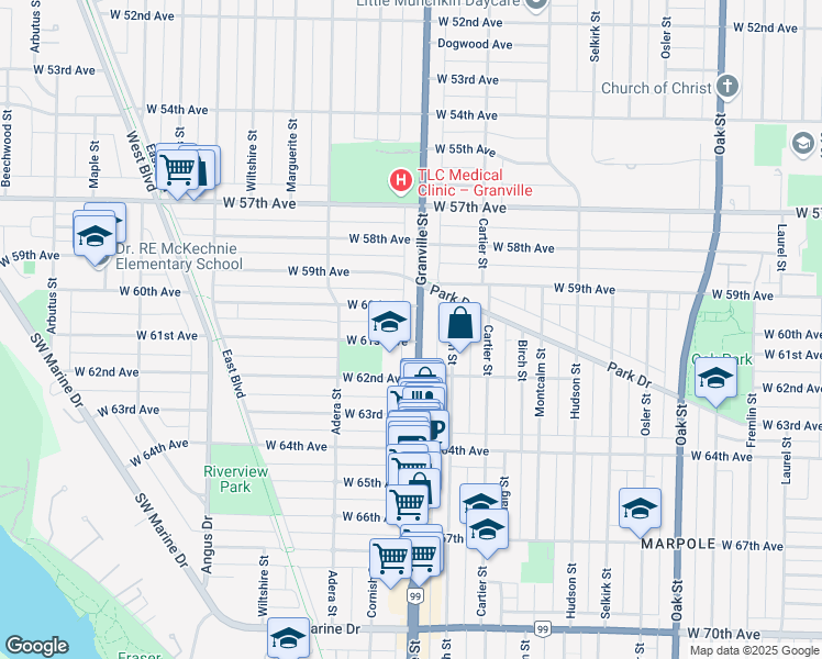 map of restaurants, bars, coffee shops, grocery stores, and more near 7675 Granville Street in Vancouver