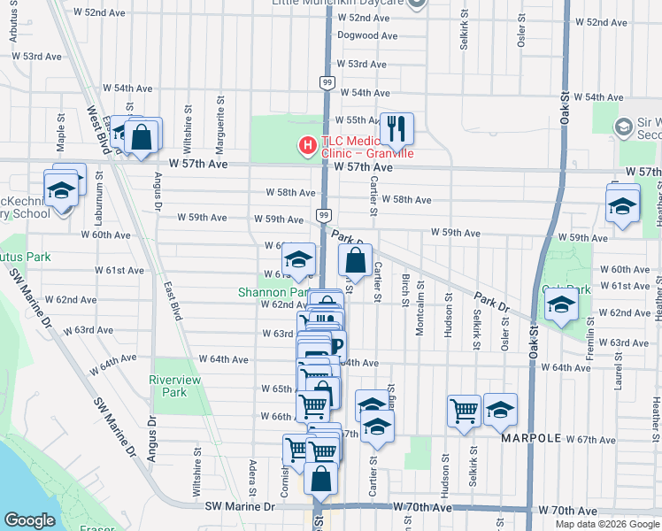 map of restaurants, bars, coffee shops, grocery stores, and more near 7664 Granville Street in Vancouver