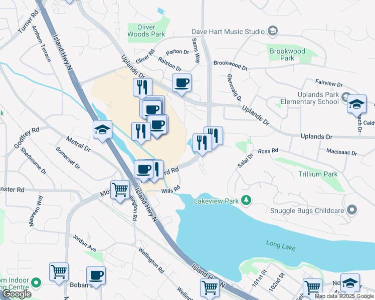 map of restaurants, bars, coffee shops, grocery stores, and more near 4961 Songbird Place in Nanaimo