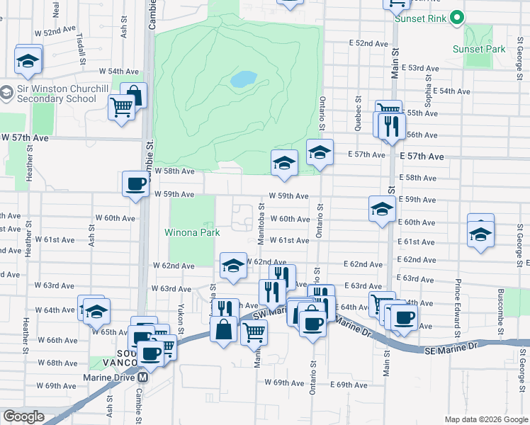 map of restaurants, bars, coffee shops, grocery stores, and more near 191 West 60th Avenue in Vancouver