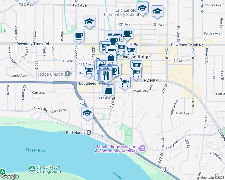 map of restaurants, bars, coffee shops, grocery stores, and more near in Maple Ridge