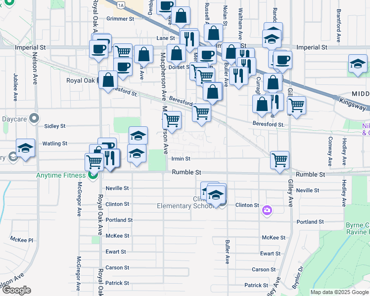 map of restaurants, bars, coffee shops, grocery stores, and more near 5775 Irmin Street in Burnaby