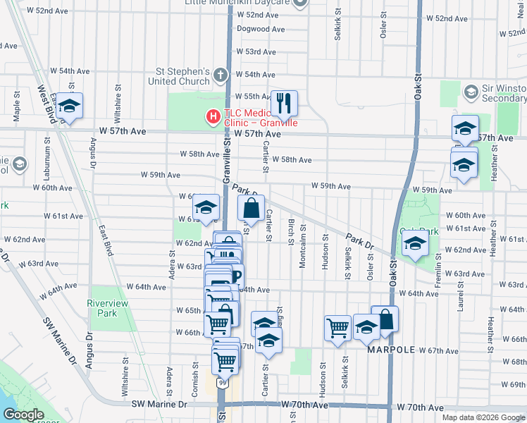 map of restaurants, bars, coffee shops, grocery stores, and more near 7621 Cartier Street in Vancouver