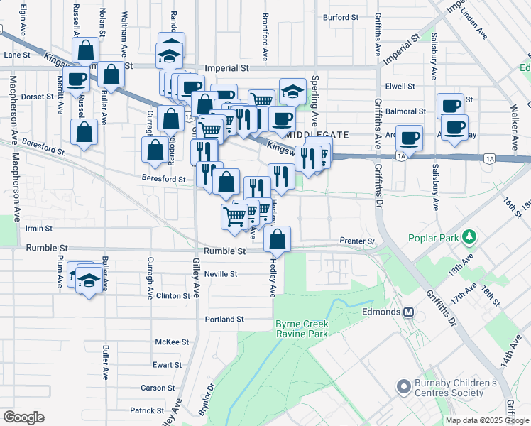 map of restaurants, bars, coffee shops, grocery stores, and more near 7411 Conway Avenue in Burnaby