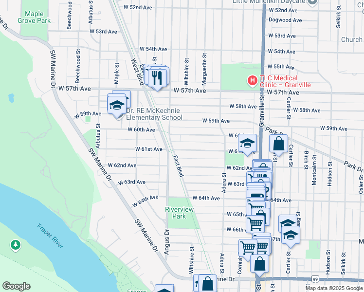 map of restaurants, bars, coffee shops, grocery stores, and more near 1767 West 61st Avenue in Vancouver