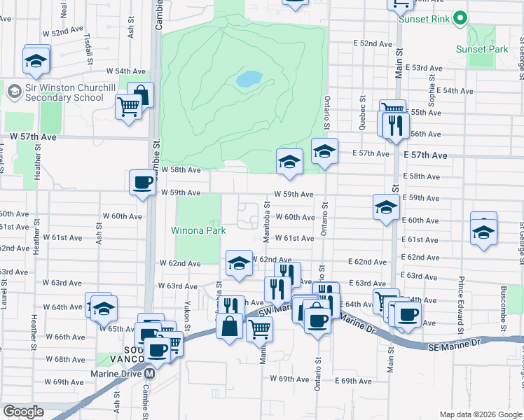 map of restaurants, bars, coffee shops, grocery stores, and more near 7561 Manitoba Street in Vancouver