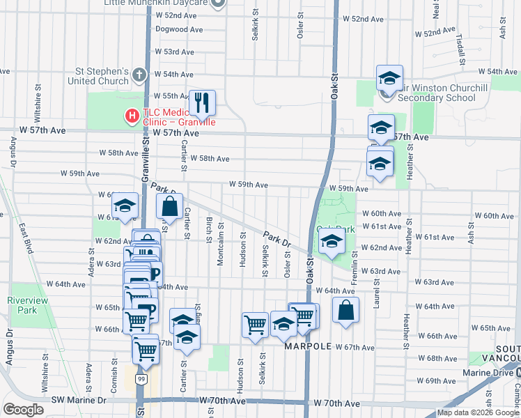 map of restaurants, bars, coffee shops, grocery stores, and more near 7633 Selkirk Street in Vancouver