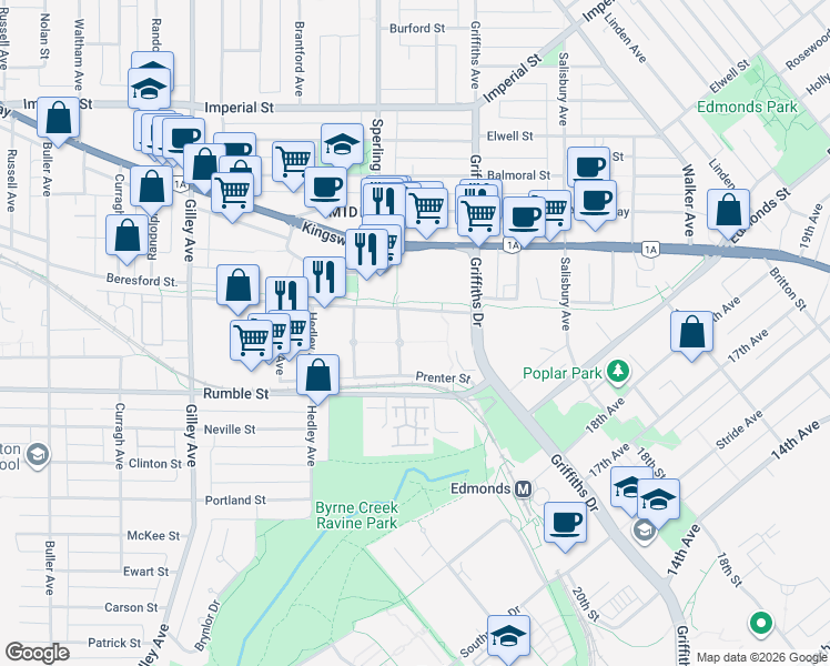 map of restaurants, bars, coffee shops, grocery stores, and more near 7313 Magnolia Terrace in Burnaby