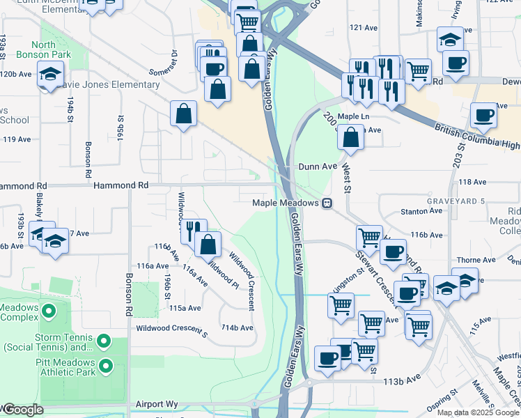 map of restaurants, bars, coffee shops, grocery stores, and more near 19912 Fairfield Avenue in Pitt Meadows