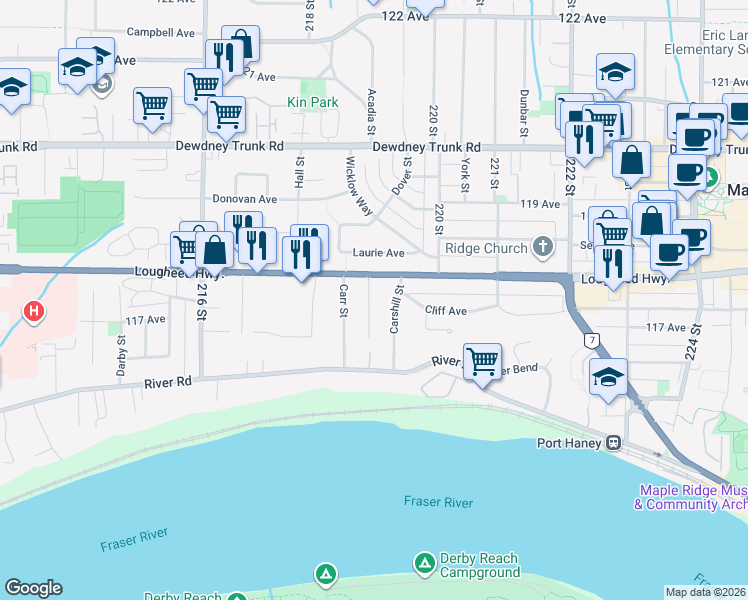 map of restaurants, bars, coffee shops, grocery stores, and more near 21868 Lougheed Highway in Maple Ridge