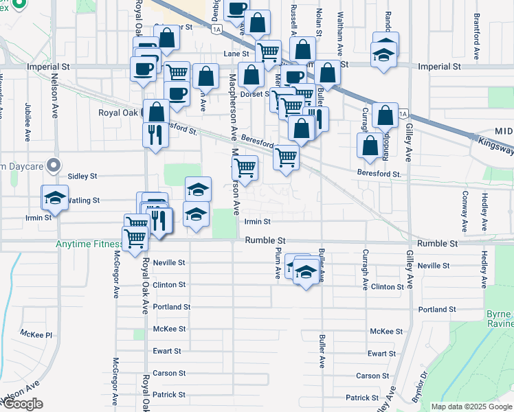 map of restaurants, bars, coffee shops, grocery stores, and more near 5665 Irmin Street in Burnaby