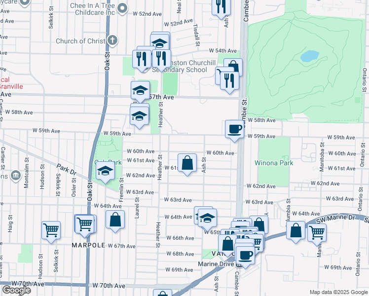 map of restaurants, bars, coffee shops, grocery stores, and more near 755 West 60th Avenue in Vancouver