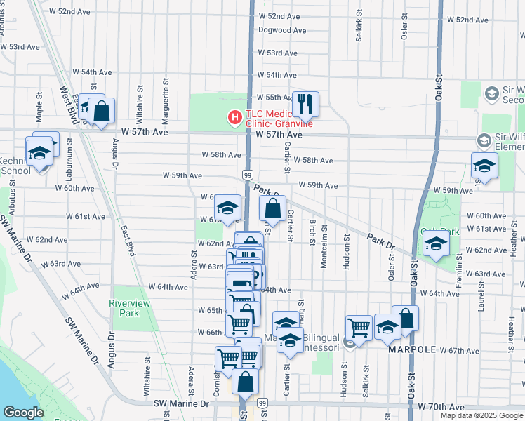 map of restaurants, bars, coffee shops, grocery stores, and more near 7665 French Street in Vancouver