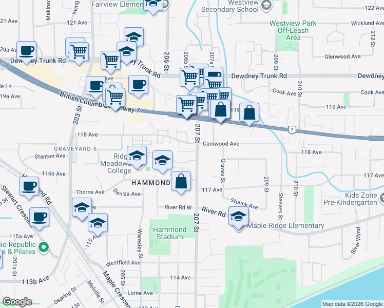map of restaurants, bars, coffee shops, grocery stores, and more near in Maple Ridge