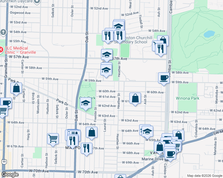 map of restaurants, bars, coffee shops, grocery stores, and more near 817 West 60th Avenue in Vancouver