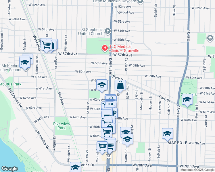 map of restaurants, bars, coffee shops, grocery stores, and more near 7671 Granville Street in Vancouver