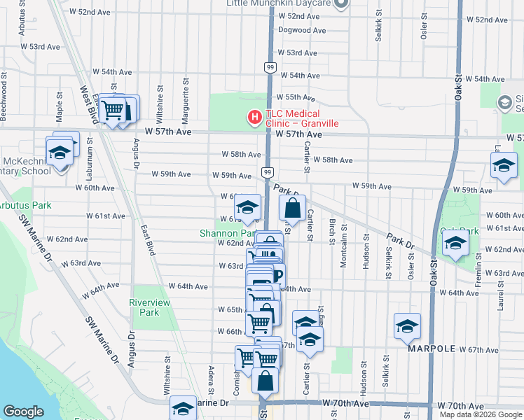 map of restaurants, bars, coffee shops, grocery stores, and more near 7661 Granville Street in Vancouver