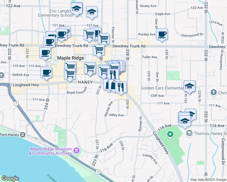 map of restaurants, bars, coffee shops, grocery stores, and more near 22750 Lougheed Highway in Maple Ridge