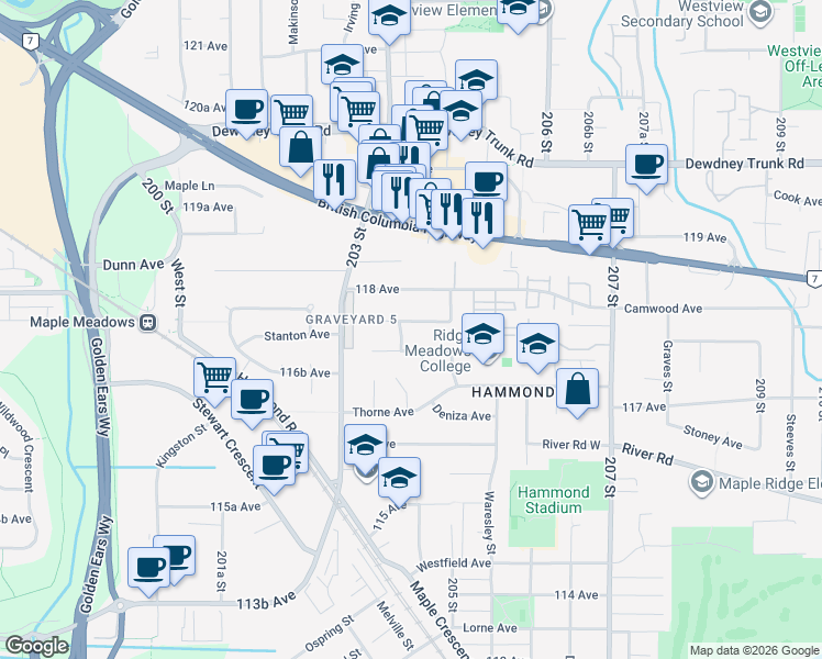 map of restaurants, bars, coffee shops, grocery stores, and more near 20402 Walnut Crescent in Maple Ridge