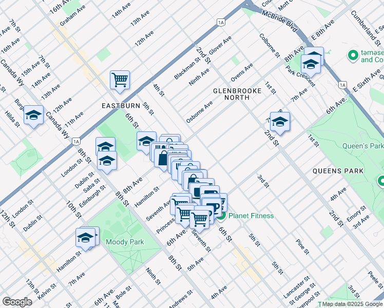 map of restaurants, bars, coffee shops, grocery stores, and more near 725 Fifth Street in New Westminster