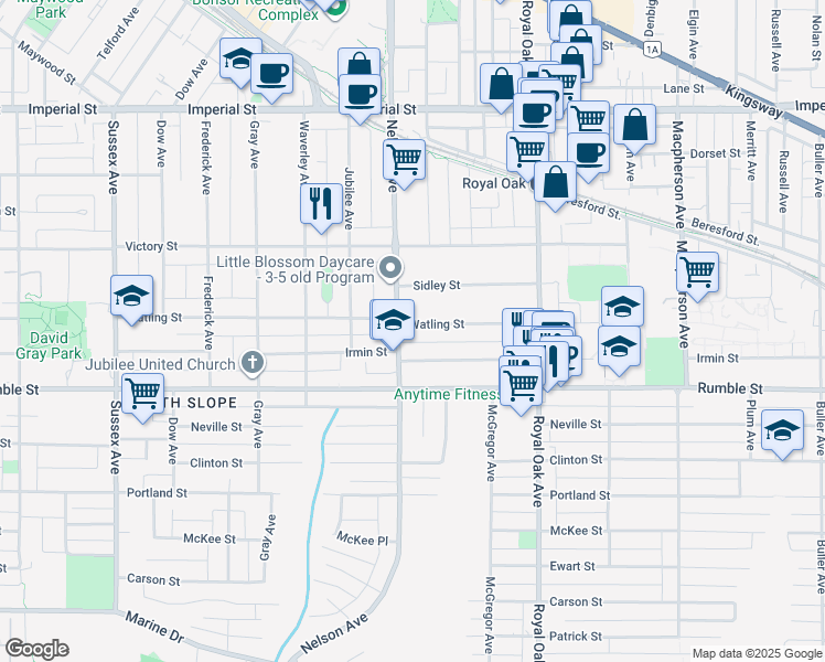 map of restaurants, bars, coffee shops, grocery stores, and more near 4928 Watling Street in Burnaby