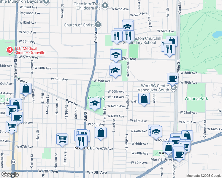 map of restaurants, bars, coffee shops, grocery stores, and more near 869 West 60th Avenue in Vancouver
