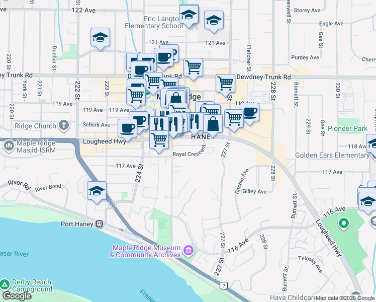 map of restaurants, bars, coffee shops, grocery stores, and more near 22564 Lougheed Highway in Maple Ridge