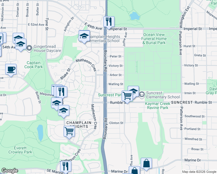 map of restaurants, bars, coffee shops, grocery stores, and more near 7430 Boundary Road in Burnaby