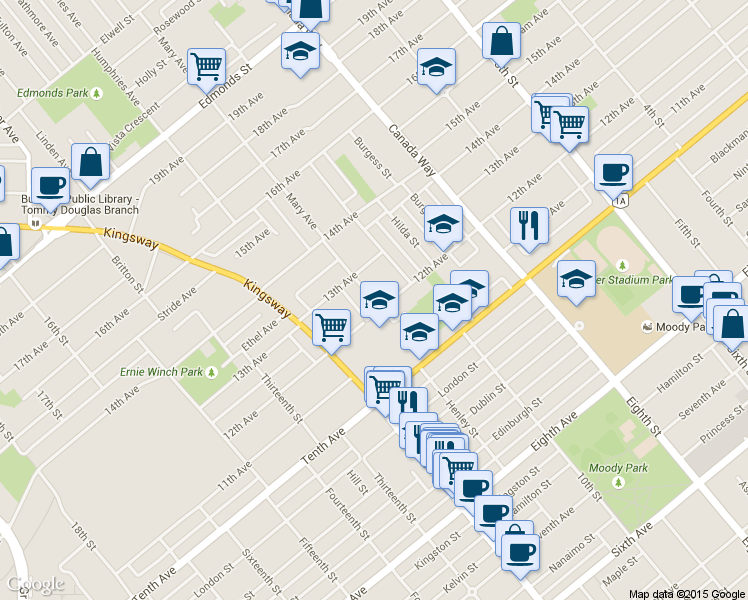 map of restaurants, bars, coffee shops, grocery stores, and more near 7760 Mary Avenue in Burnaby