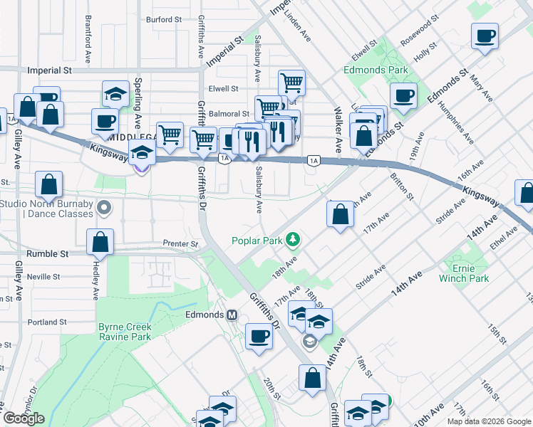 map of restaurants, bars, coffee shops, grocery stores, and more near 7336 Salisbury Avenue in Burnaby