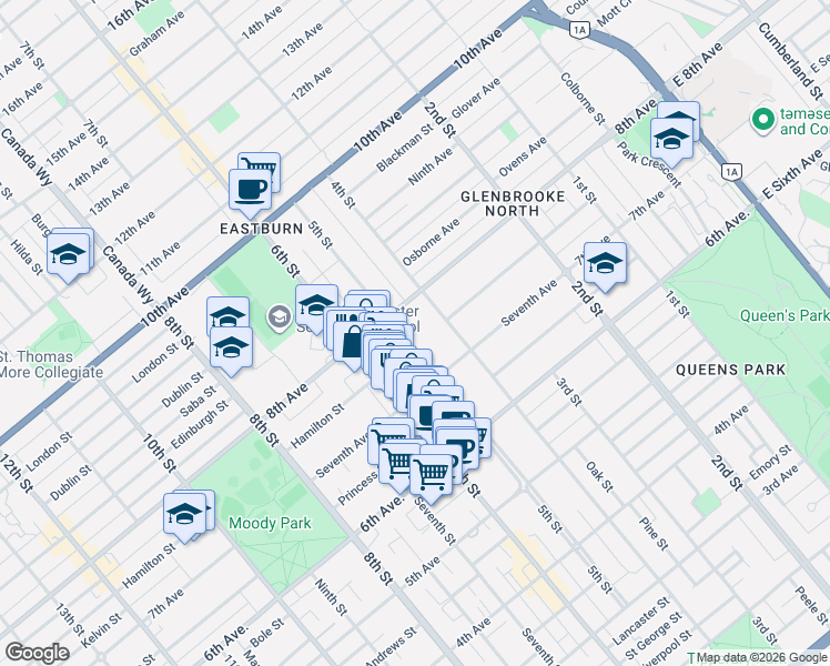 map of restaurants, bars, coffee shops, grocery stores, and more near 725 5th Street in New Westminster