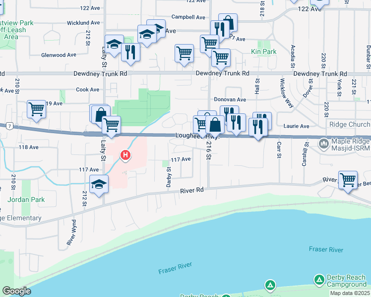 map of restaurants, bars, coffee shops, grocery stores, and more near 21536 Mayo Place in Maple Ridge