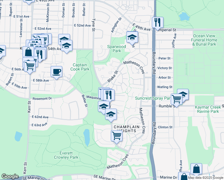 map of restaurants, bars, coffee shops, grocery stores, and more near 7444 Meadowland Place in Vancouver