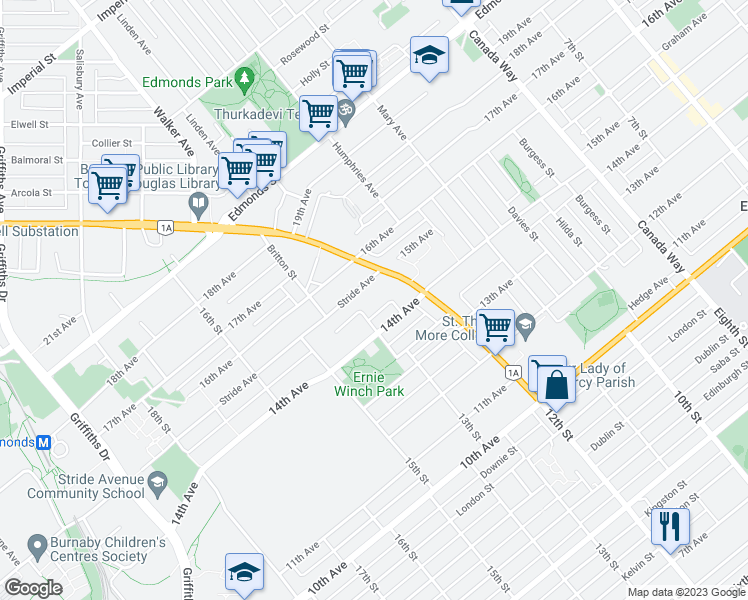 map of restaurants, bars, coffee shops, grocery stores, and more near 7368 15th Avenue in Burnaby
