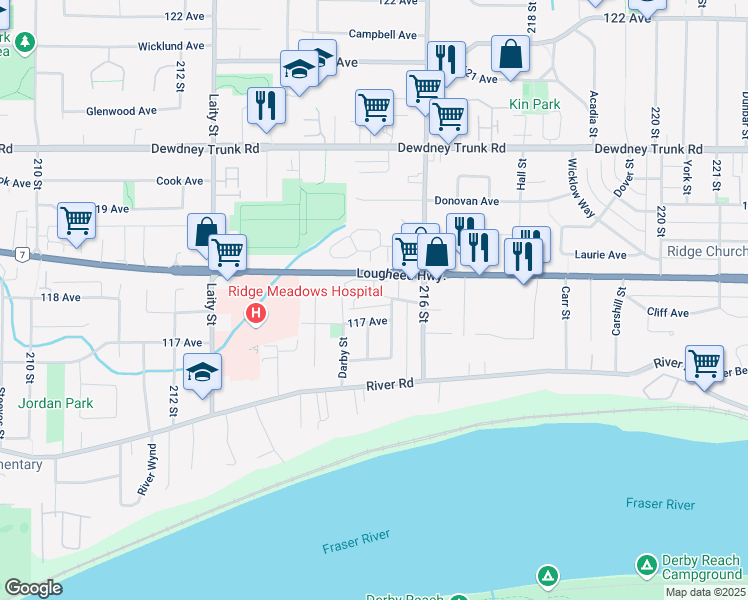 map of restaurants, bars, coffee shops, grocery stores, and more near 21532 Mayo Place in Maple Ridge