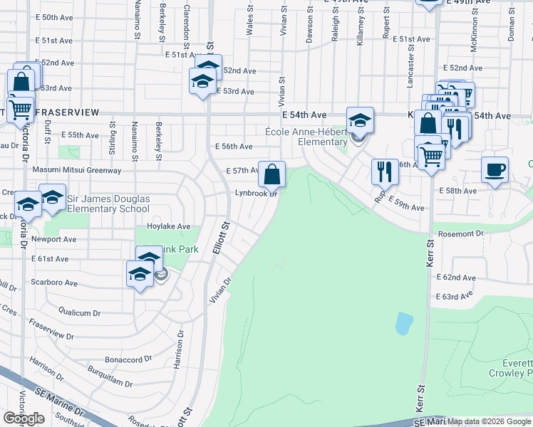map of restaurants, bars, coffee shops, grocery stores, and more near 7477 Vivian Drive in Vancouver