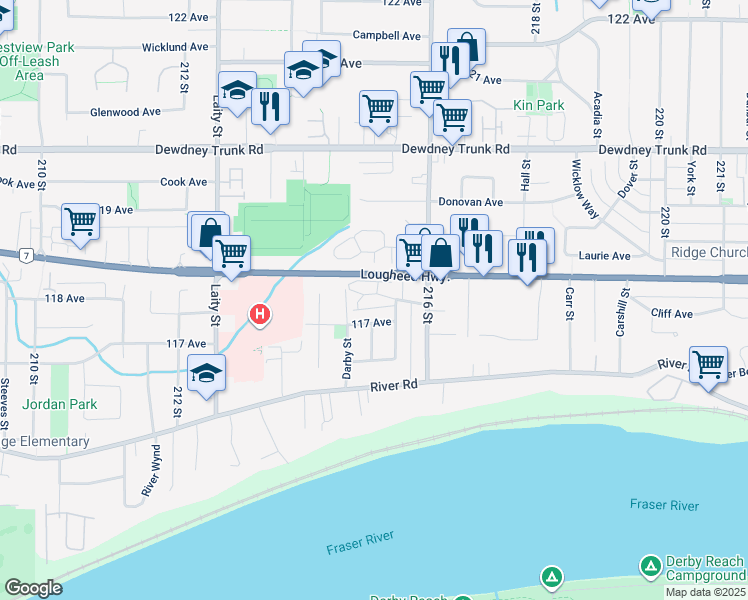 map of restaurants, bars, coffee shops, grocery stores, and more near 21528 Mayo Place in Maple Ridge