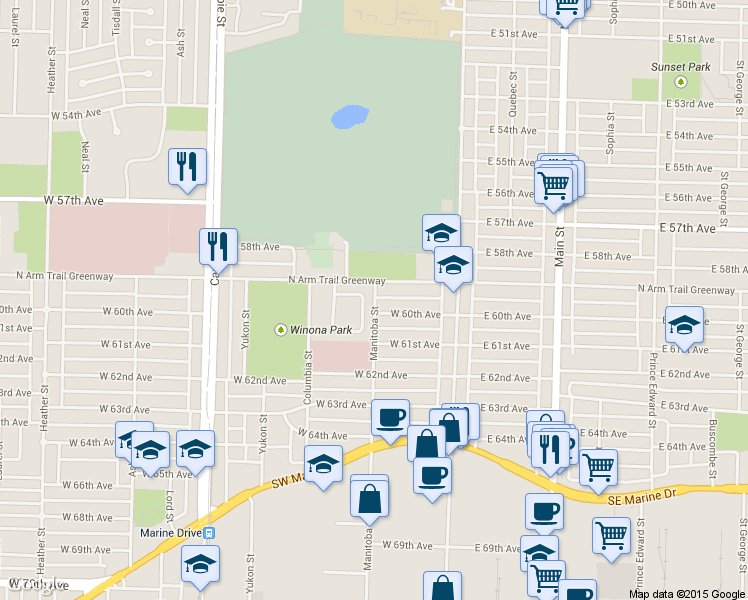 map of restaurants, bars, coffee shops, grocery stores, and more near 7561 Manitoba Street in Vancouver