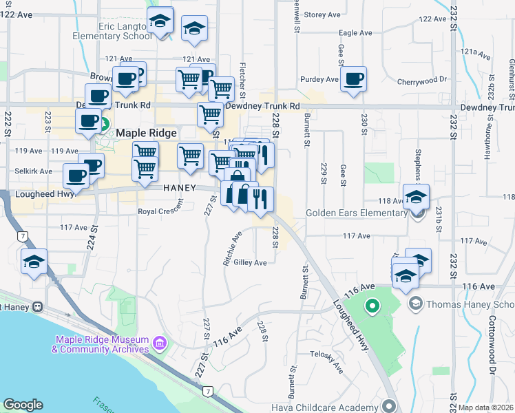 map of restaurants, bars, coffee shops, grocery stores, and more near 22750 Lougheed Highway in Maple Ridge