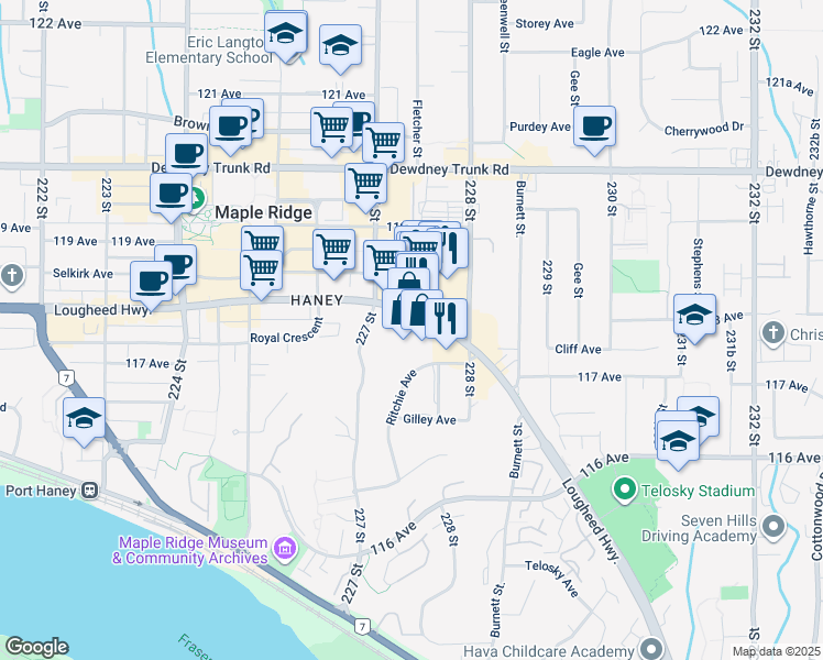map of restaurants, bars, coffee shops, grocery stores, and more near 22722 Lougheed Highway in Maple Ridge
