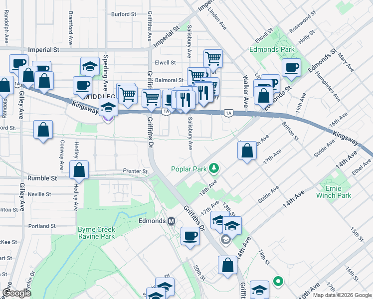 map of restaurants, bars, coffee shops, grocery stores, and more near 7055 Wilma Street in Burnaby
