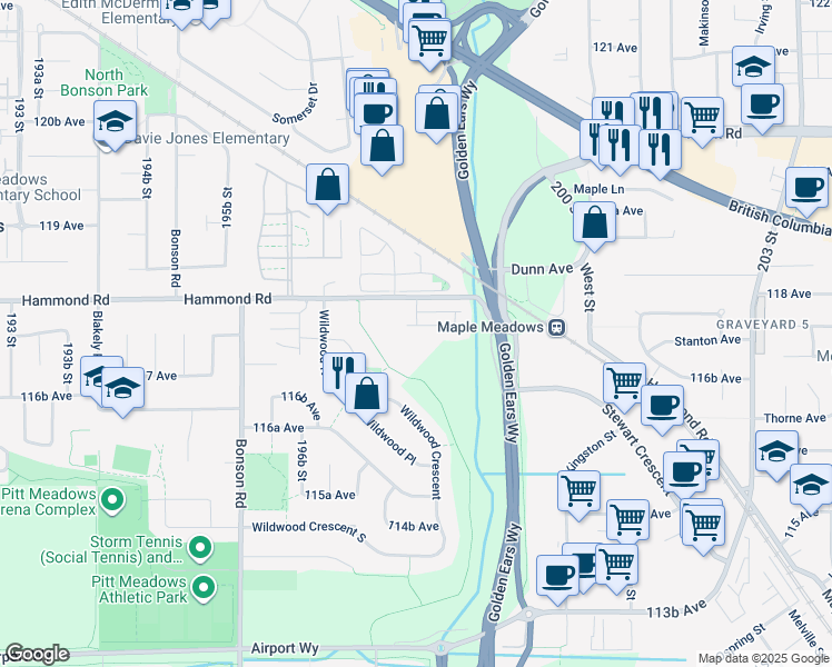map of restaurants, bars, coffee shops, grocery stores, and more near 19852 Fairfield Avenue in Pitt Meadows