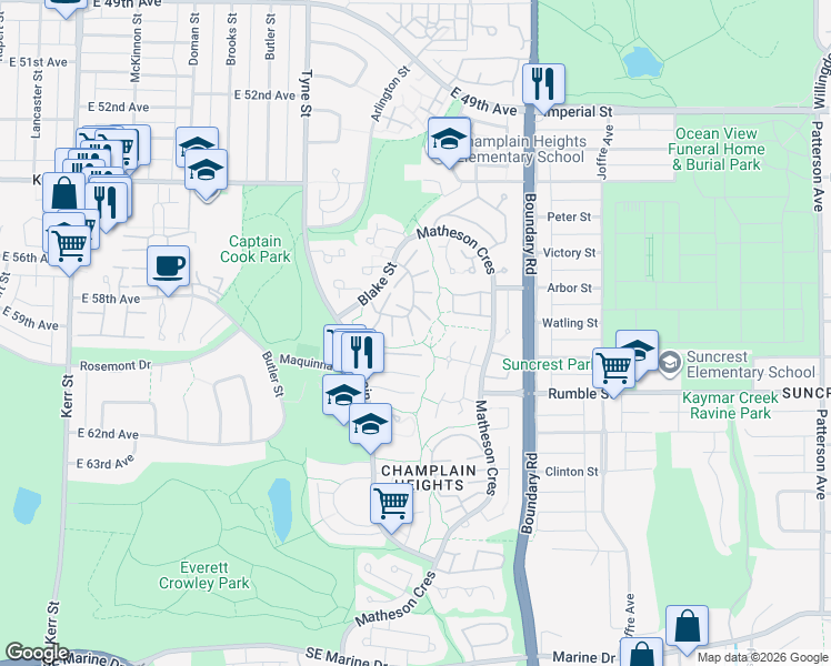 map of restaurants, bars, coffee shops, grocery stores, and more near 7438 Echo Place in Vancouver