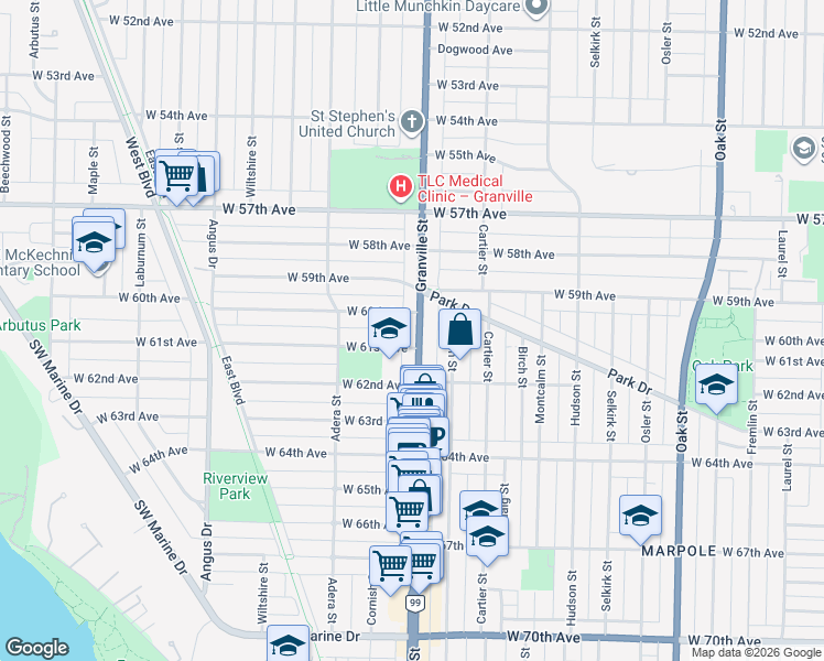 map of restaurants, bars, coffee shops, grocery stores, and more near 7653 Granville Street in Vancouver