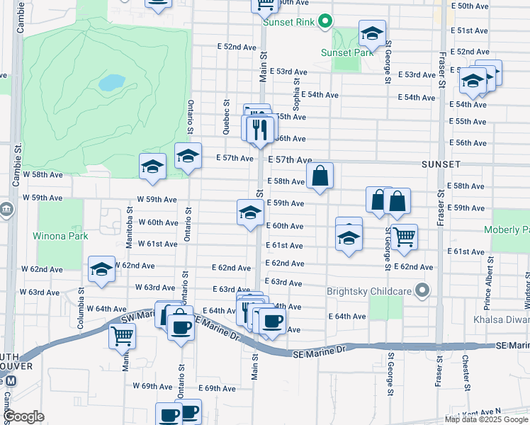 map of restaurants, bars, coffee shops, grocery stores, and more near 7544 Main Street in Vancouver